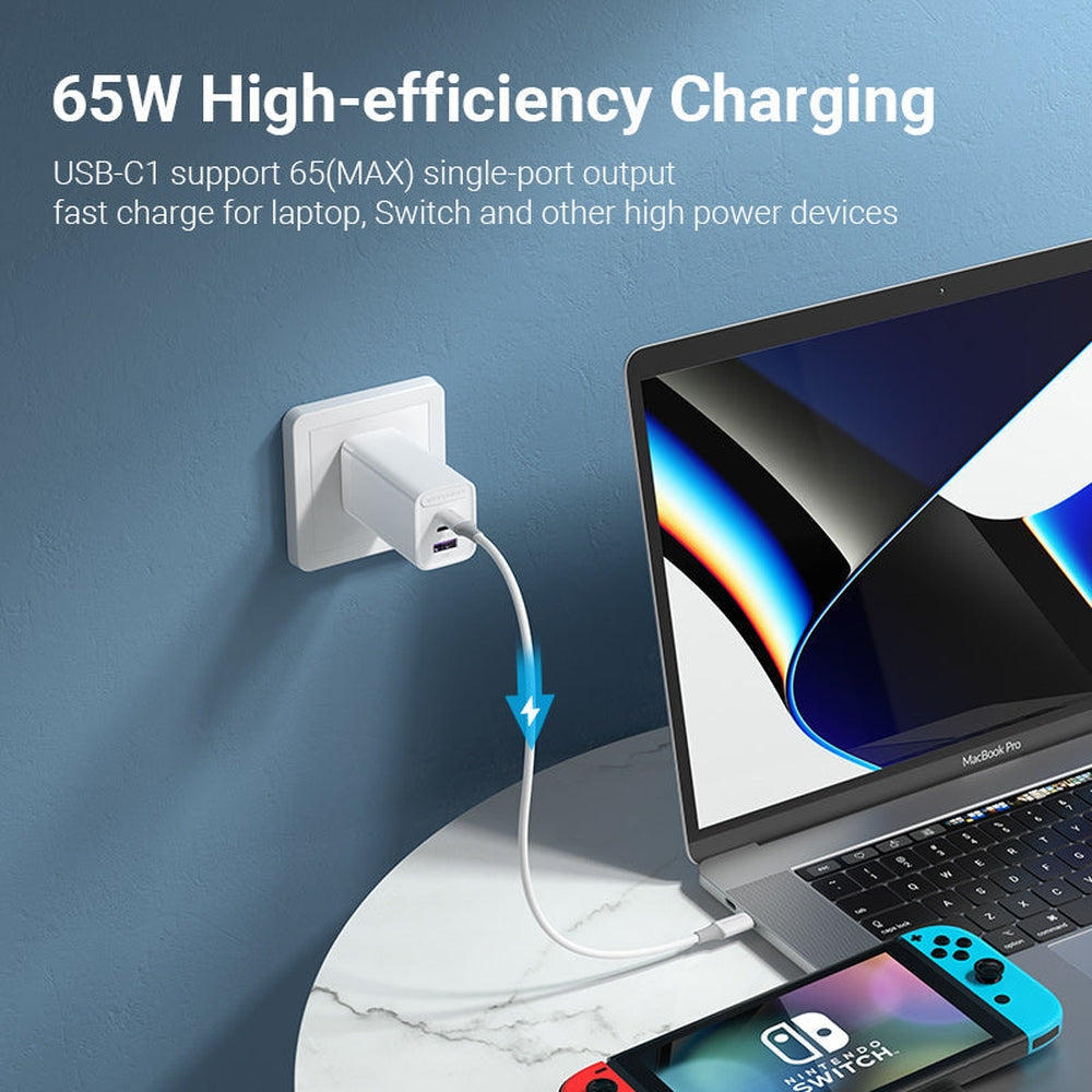 VENTION - Cargador 65W/30W/30W 3-Puerto USB C+C+A GaN US-Plug White
