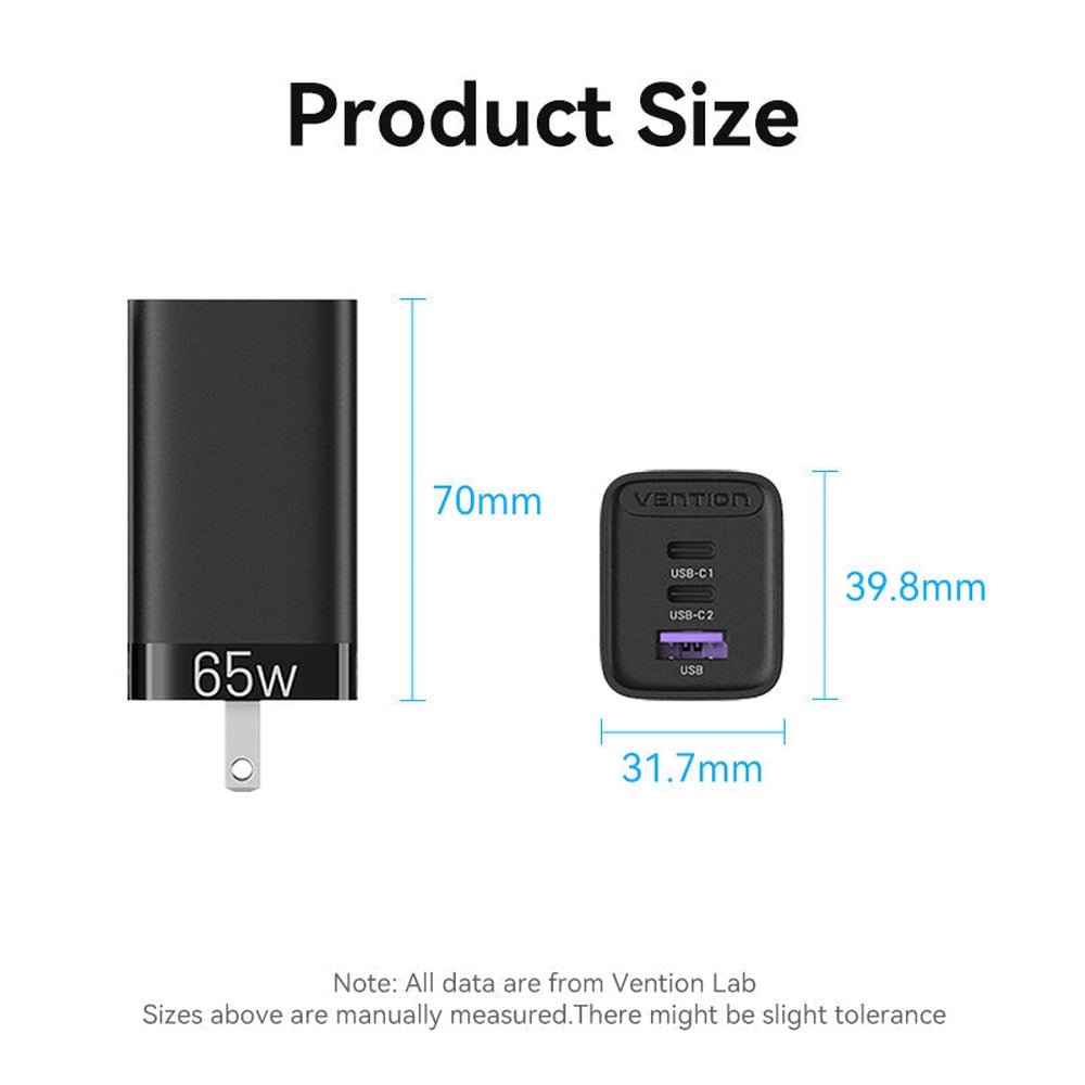 VENTION -Cargador 65W/30W/30W 3-Puerto USB C+C+A GaN US-Plug Negro