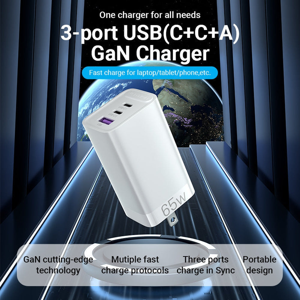 VENTION - Cargador 65W/30W/30W 3-Puerto USB C+C+A GaN US-Plug White