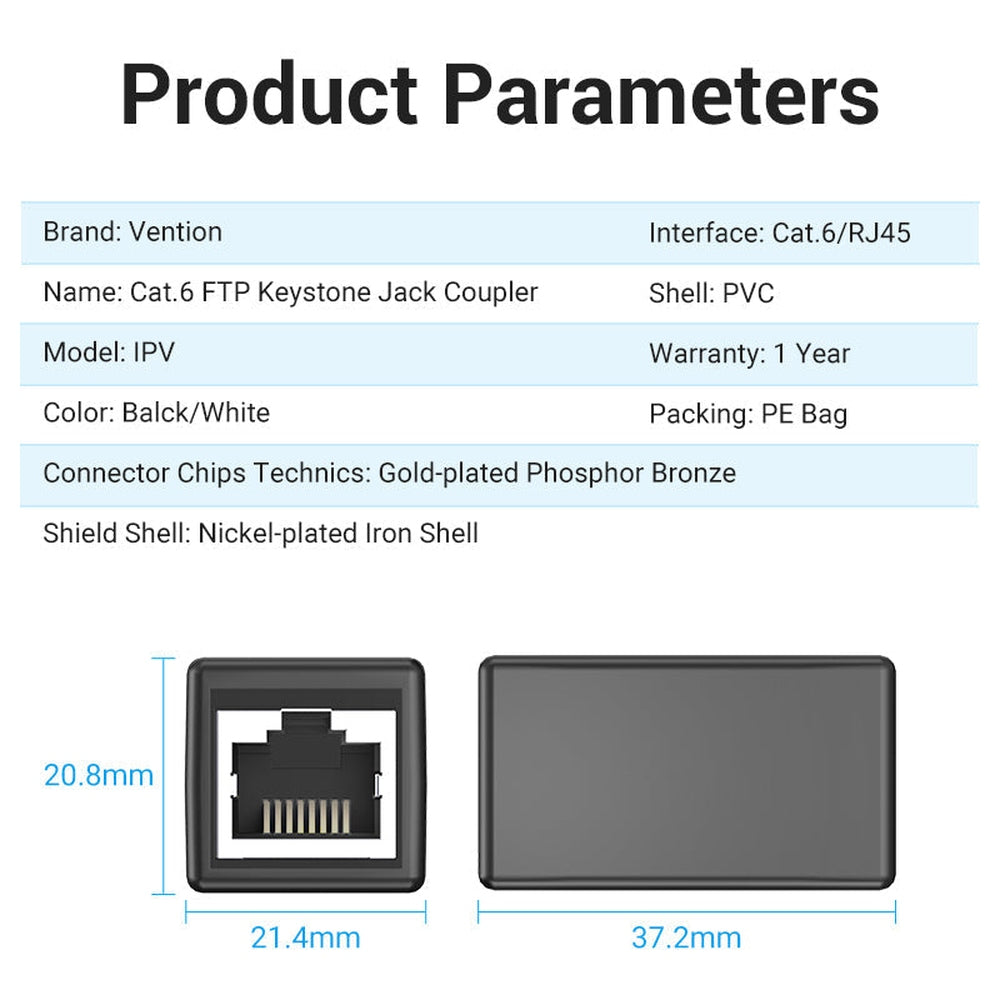 Adaptador Conector RJ45 Vention IPVB0/ Cat.6 FTP/ RJ45 Hembra - RJ45 Hembra/ Negro