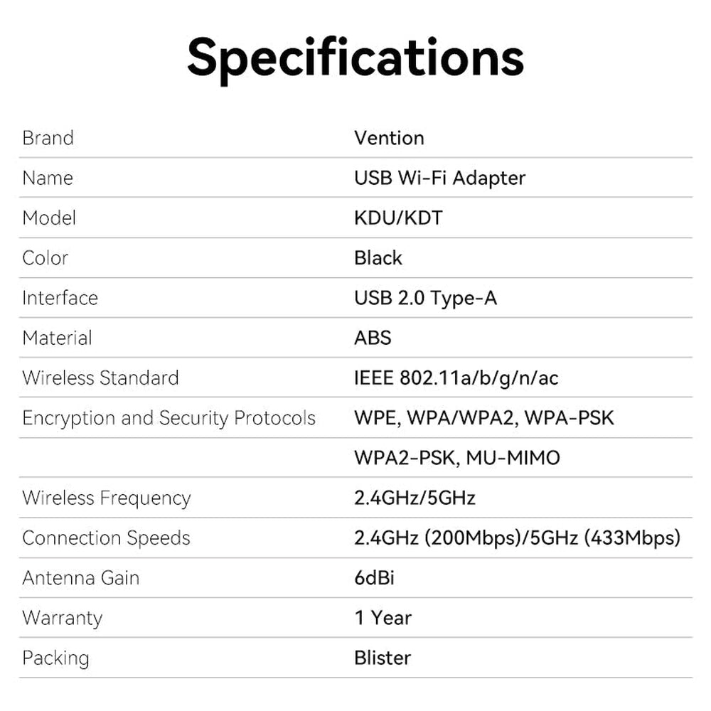 Adaptador USB inalámbrico de banda dual de alta ganancia AC650 de Vention