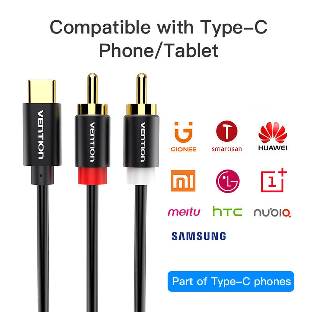 Cable de audio USB C a 2 RCA, cable Vention tipo C a RCA, cable 2RCA jack USB-C línea de audio, RCA a altavoz adaptador de cable para estéreo de coche, teléfono, tablet, cine en casa, amplificador, DVD, altavoz 3 m