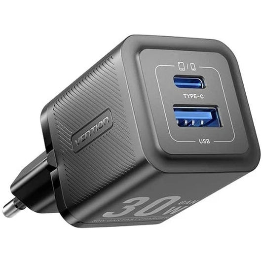 Cargador USB-C GaN de 2 puertos 30 W/30 W con enchufe tipo A en color Negro