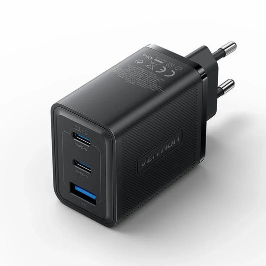 Cargador Vention GaN de 3 puertos USB C + C + A 65 W/65 W/30 W con enchufe tipo A en color negro