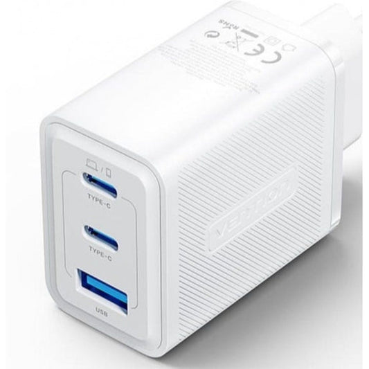 Cargador Vention GaN de 3 puertos USB C + C + A 65 W/65 W/30 W con enchufe tipo A en color Blanco