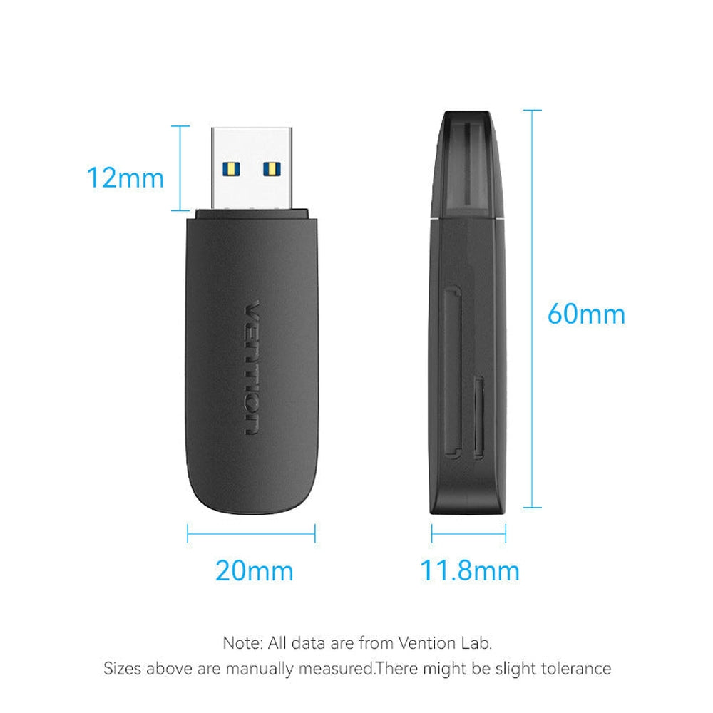 Lector de Tarjetas Externo Vention CLGB0/ USB 3.0 2 en 1 Lector Tarjetas USB 3.0 SD+TF Negro. Dual drive