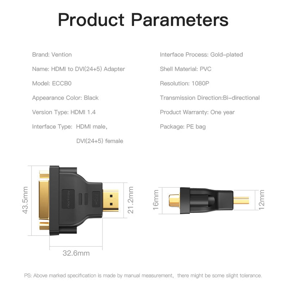 VENTION - Adaptador HDMI Vention ECCB0/ HDMI Macho - DVI 24+5 Hembra