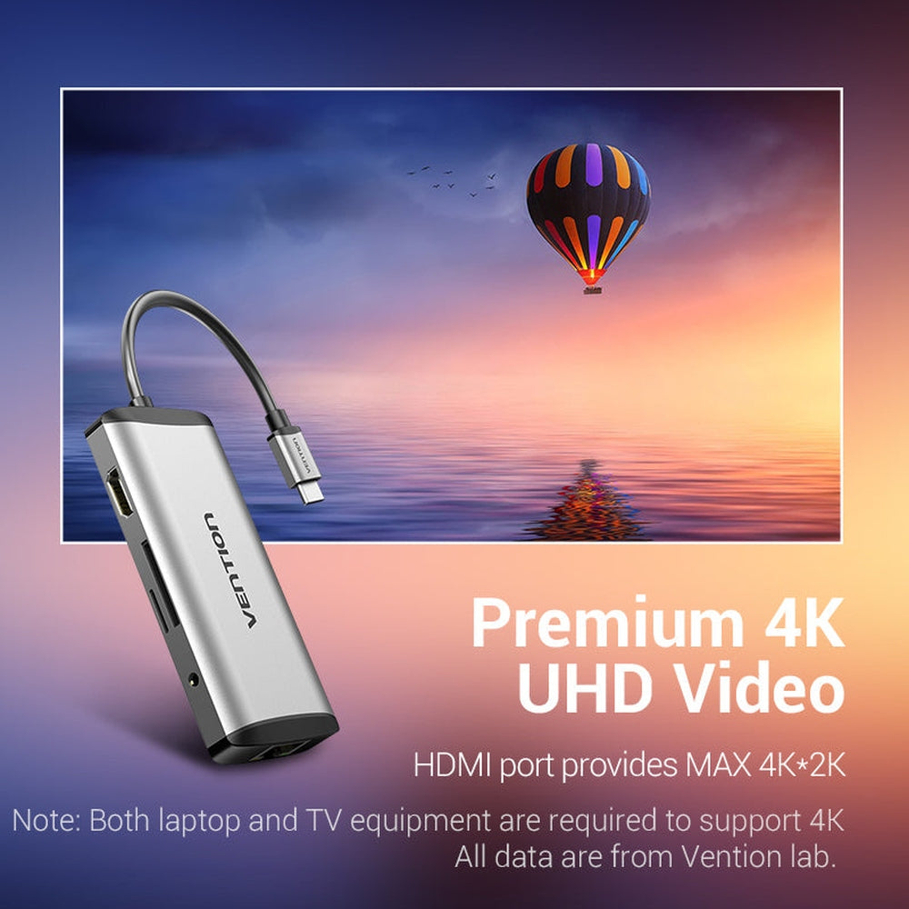 VENTION - Adaptador USB C 9 en 1 con HDMI 4K, puerto Ethernet RJ45 de 1000 Mbps, 3 puertos USB 3.0, ranuras para tarjetas TF/SD, 87 W PD, puerto de audio de 3.5 mm para MacBook y portátiles tipo C