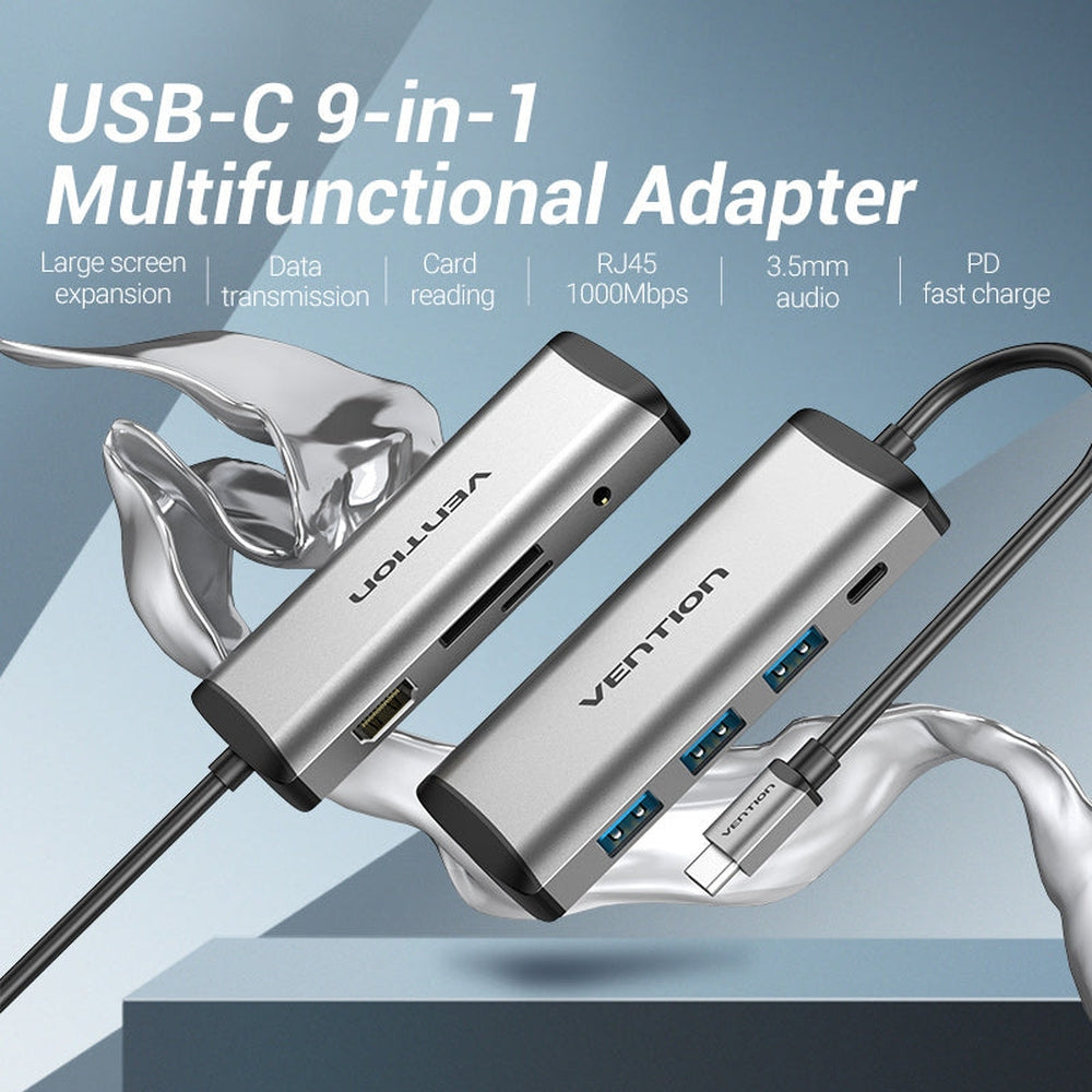 VENTION - Adaptador USB C 9 en 1 con HDMI 4K, puerto Ethernet RJ45 de 1000 Mbps, 3 puertos USB 3.0, ranuras para tarjetas TF/SD, 87 W PD, puerto de audio de 3.5 mm para MacBook y portátiles tipo C