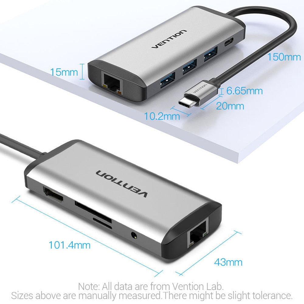 VENTION - Adaptador USB C 9 en 1 con HDMI 4K, puerto Ethernet RJ45 de 1000 Mbps, 3 puertos USB 3.0, ranuras para tarjetas TF/SD, 87 W PD, puerto de audio de 3.5 mm para MacBook y portátiles tipo C