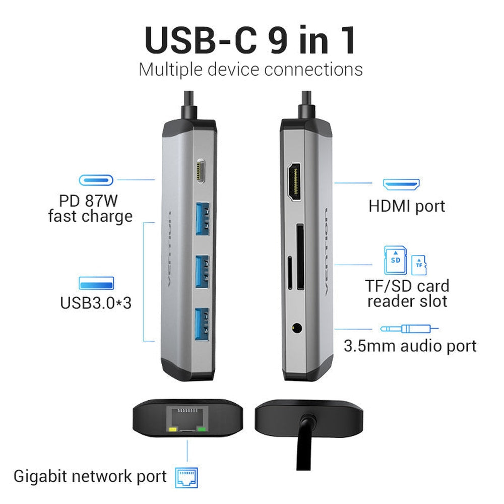 VENTION - Adaptador USB C 9 en 1 con HDMI 4K, puerto Ethernet RJ45 de 1000 Mbps, 3 puertos USB 3.0, ranuras para tarjetas TF/SD, 87 W PD, puerto de audio de 3.5 mm para MacBook y portátiles tipo C