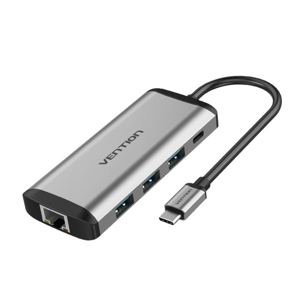 VENTION - Adaptador USB C 9 en 1 con HDMI 4K, puerto Ethernet RJ45 de 1000 Mbps, 3 puertos USB 3.0, ranuras para tarjetas TF/SD, 87 W PD, puerto de audio de 3.5 mm para MacBook y portátiles tipo C