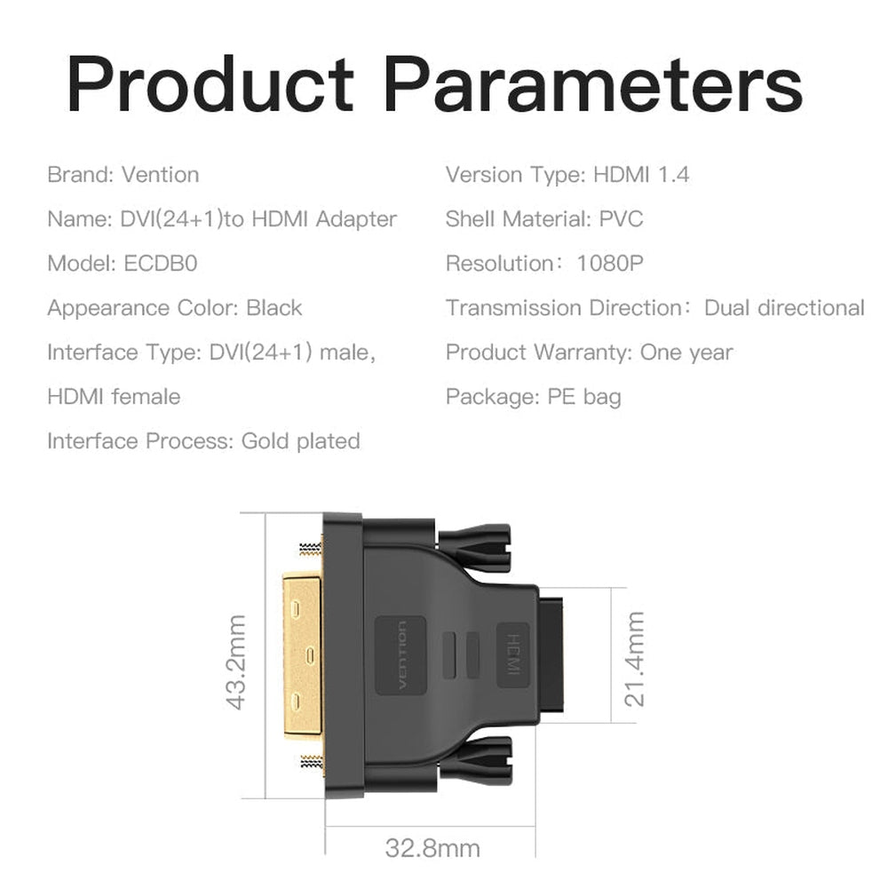 VENTION - Adaptador Vention ECDB0/ DVI Macho - HDMI Hembra