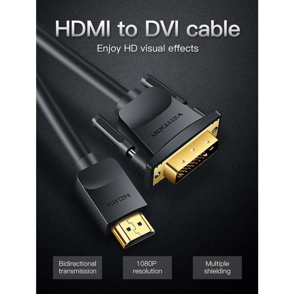 VENTION Cable HDMI a DVI, Bi Directional DVI-D 24+1 macho a HDMI macho adaptador de alta velocidad compatible con 1080P Full HD compatible con Raspberry Pi, Roku, Xbox One, computadora portátil, etc. 5 m