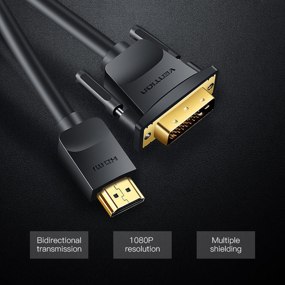 VENTION Cable HDMI a DVI, Bi Directional DVI-D 24+1 macho a HDMI macho adaptador de alta velocidad compatible con 1080P Full HD compatible con Raspberry Pi, Roku, Xbox One, computadora portátil, etc. 5 m