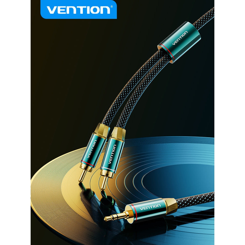 VENTION - Cable RCA a 3,5 mm 4N OFC HiFi 2 macho RCA a 3,5 mm macho Retro Aux Cable con cabeza de metal chapado en cobre y trenza de nailon, adaptador de audio estéreo doble blindado, cable Y para smartphone y portátil