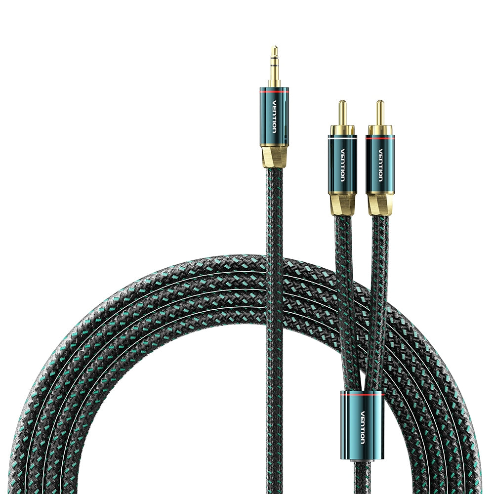 VENTION - Cable RCA a 3,5 mm 4N OFC HiFi 2 macho RCA a 3,5 mm macho Retro Aux Cable con cabeza de metal chapado en cobre y trenza de nailon, adaptador de audio estéreo doble blindado, cable Y para smartphone y portátil