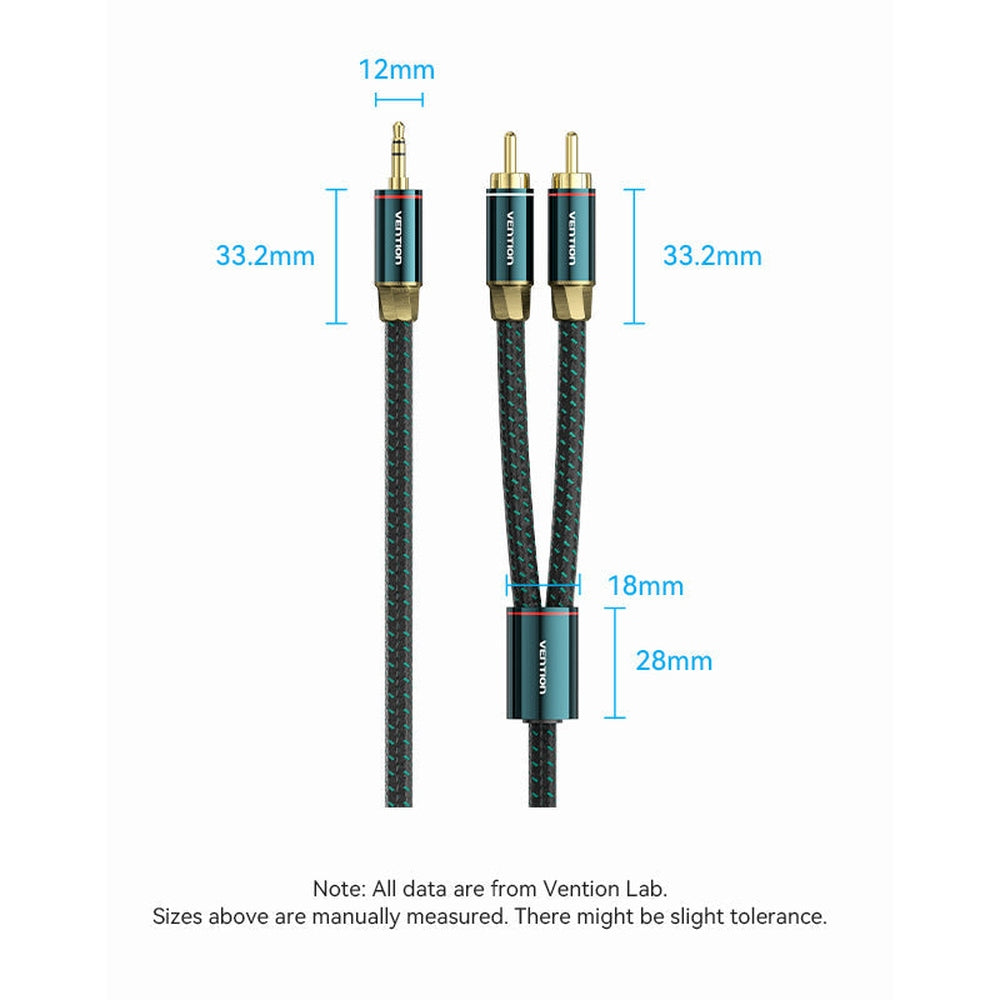 VENTION - Cable RCA a 3,5 mm 4N OFC HiFi 2 macho RCA a 3,5 mm macho Retro Aux Cable con cabeza de metal chapado en cobre y trenza de nailon, adaptador de audio estéreo doble blindado, cable Y para smartphone y portátil