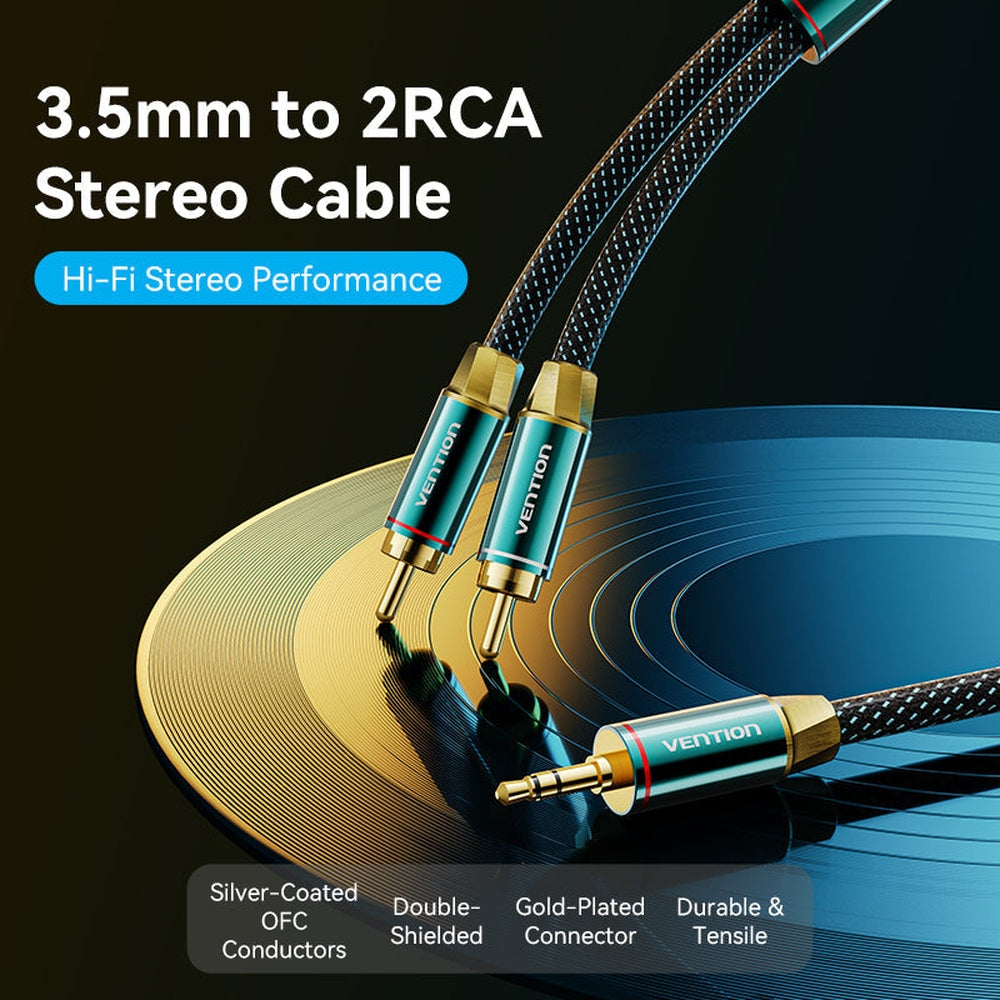 VENTION - Cable RCA a 3,5 mm 4N OFC HiFi 2 macho RCA a 3,5 mm macho Retro Aux Cable con cabeza de metal chapado en cobre y trenza de nailon, adaptador de audio estéreo doble blindado, cable Y para smartphone y portátil