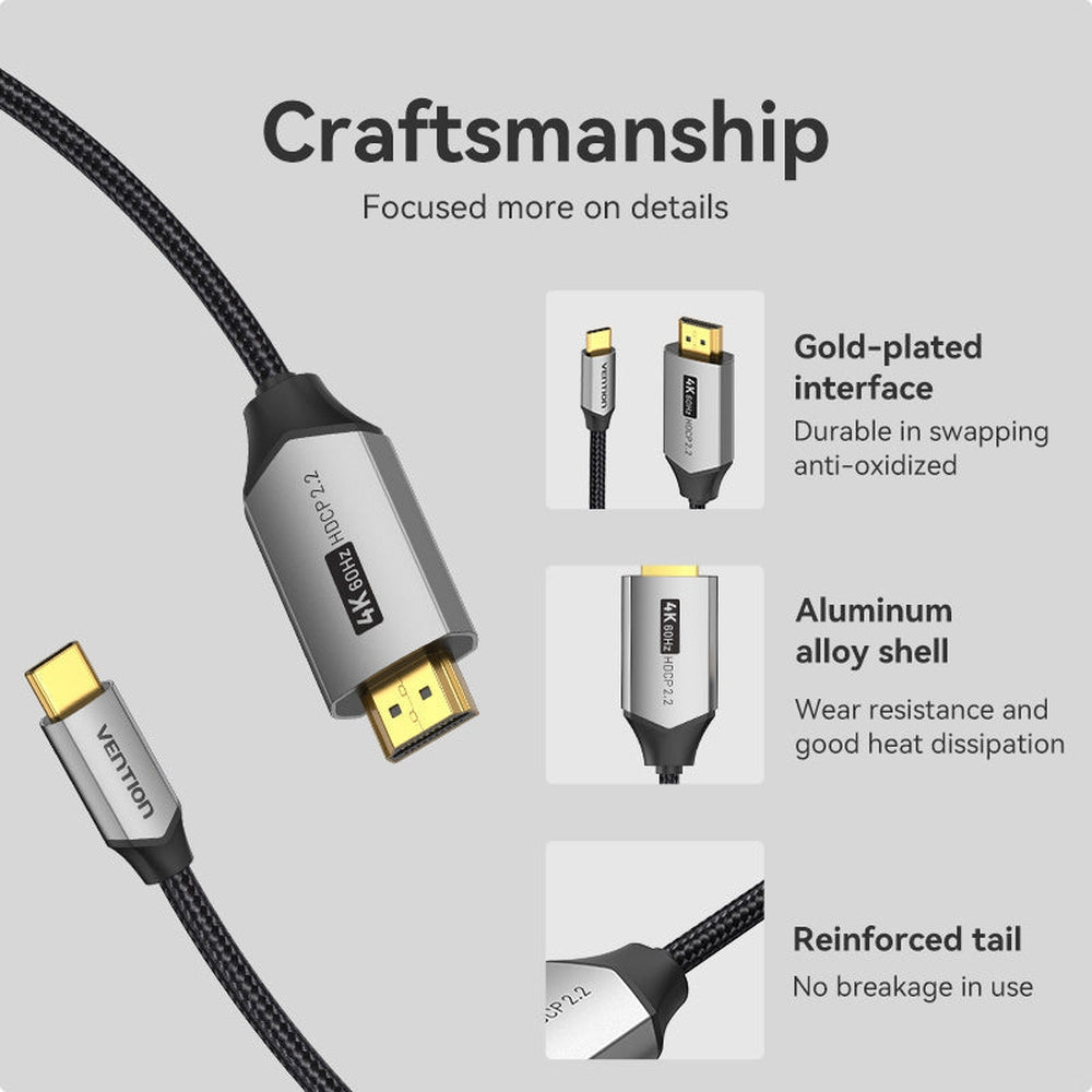 VENTION Cable USB C a HDMI de 6.5 pies 4K a 60Hz, cable USB tipo C a HDMI, cable trenzado Thunderbolt 3 HDCP 2.2 compatible con iPad MacBook Pro/Air iMac Galaxy S20 S10 Surface Book 2 TV y más