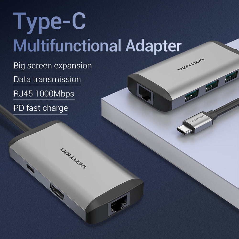 VENTION - Concentrador 6en1 Type-C a HDMI4K/USB3.0x3/PD/RJ45 0.15m. Gris Metalizado