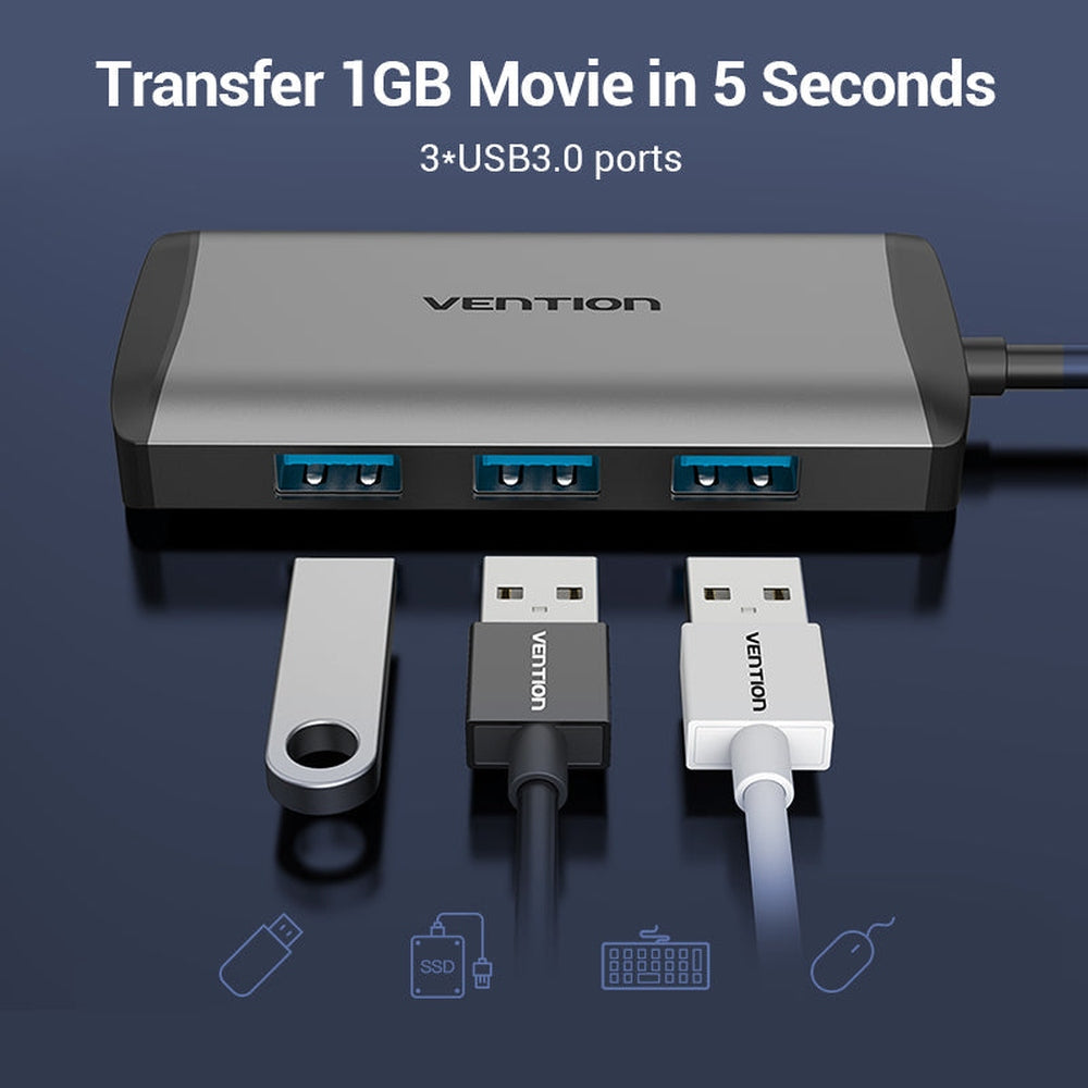 VENTION - Concentrador 6en1 Type-C a HDMI4K/USB3.0x3/PD/RJ45 0.15m. Gris Metalizado
