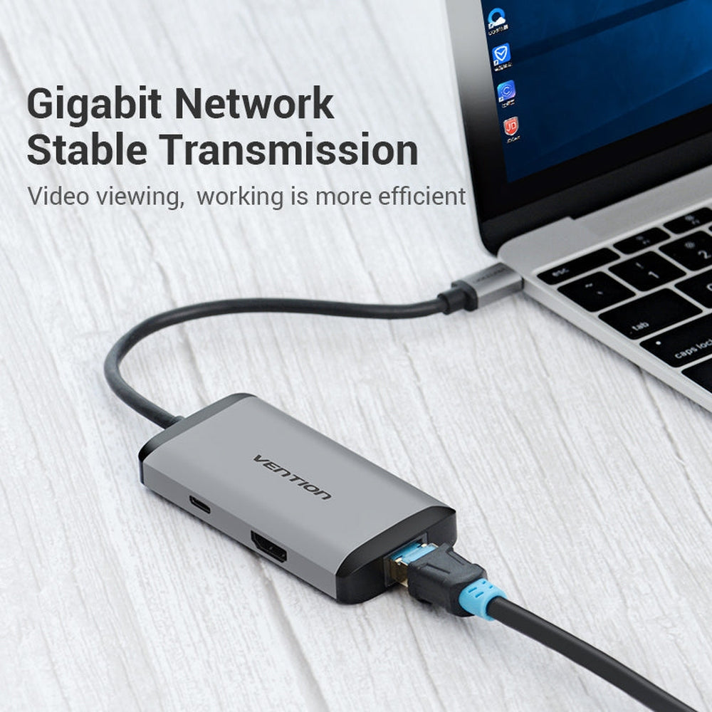 VENTION - Concentrador 6en1 Type-C a HDMI4K/USB3.0x3/PD/RJ45 0.15m. Gris Metalizado