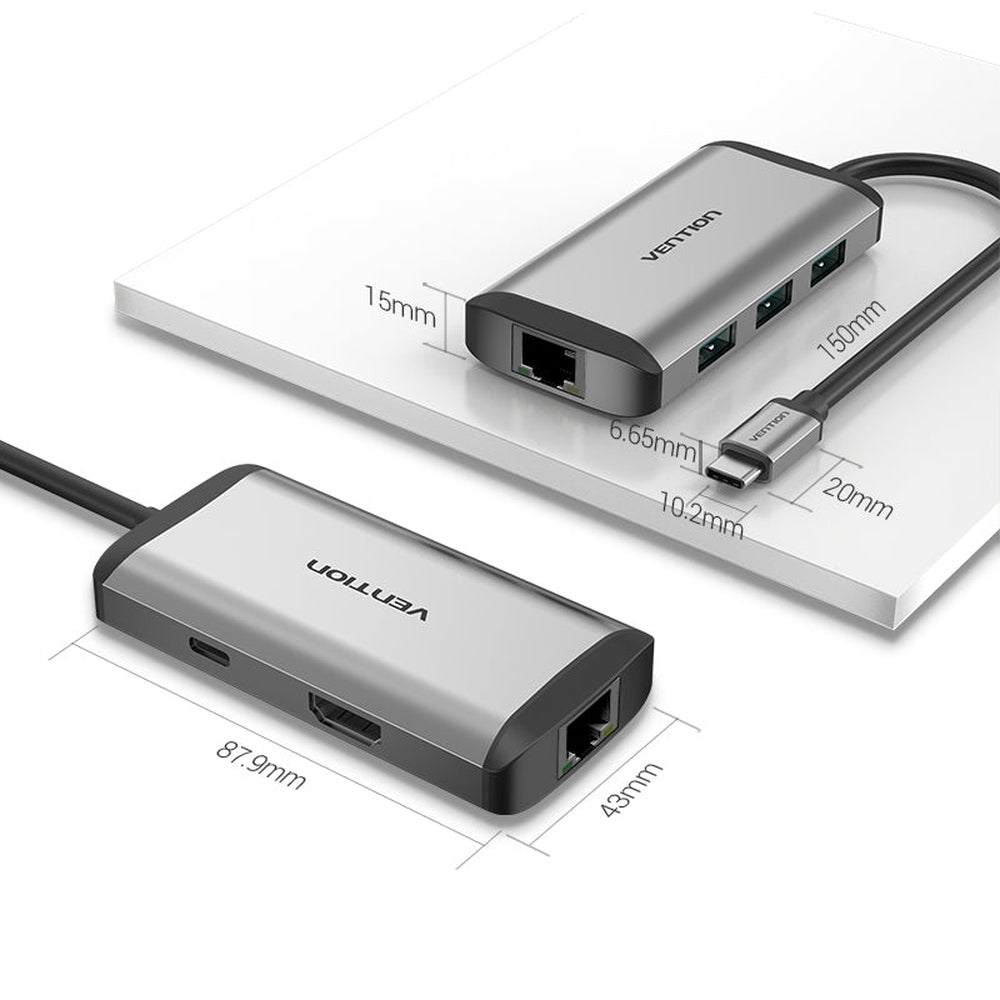 VENTION - Concentrador 6en1 Type-C a HDMI4K/USB3.0x3/PD/RJ45 0.15m. Gris Metalizado