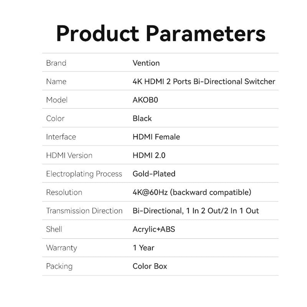 VENTION - Conmutador HDMI 4K Bidireccional Vention AKOB0/ HDMI Hembra - 2x HDMI Hembra
