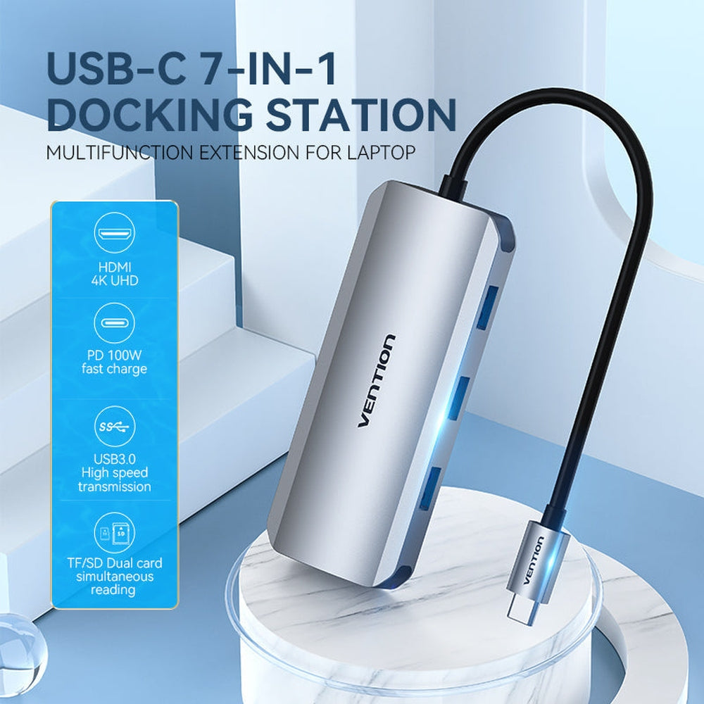 VENTION - Estación de acoplamiento 7 en 1 USB-C a HDMI4K/USB3.0x3/SD/TF/PD 0.15m. Aleación aluminio gris