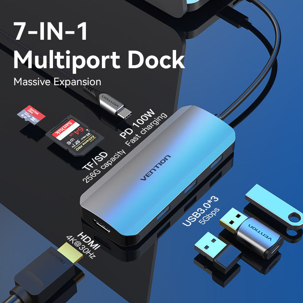 VENTION - Estación de acoplamiento 7 en 1 USB-C a HDMI4K/USB3.0x3/SD/TF/PD 0.15m. Aleación aluminio gris