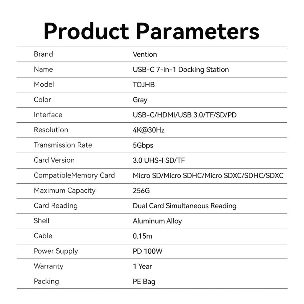 VENTION - Estación de acoplamiento 7 en 1 USB-C a HDMI4K/USB3.0x3/SD/TF/PD 0.15m. Aleación aluminio gris