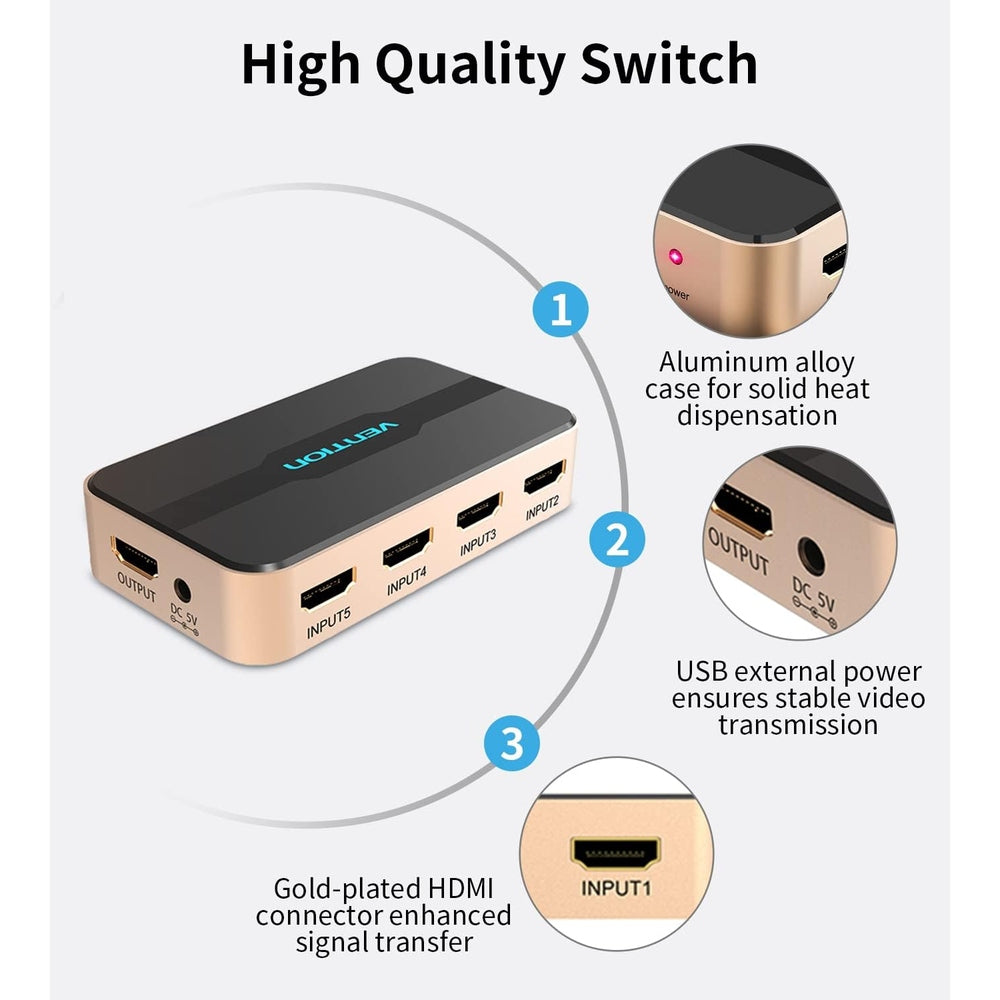 VENTION HDMI Switch 5 Entradas 1 Salidas 4K 1080P 3D, HDMI Conmutador 5 Entrada x 1 Salida Mando a Distancia para PS3 Xbox 360 Sky Box Reproductor DVD, HDTV, proyector, Video