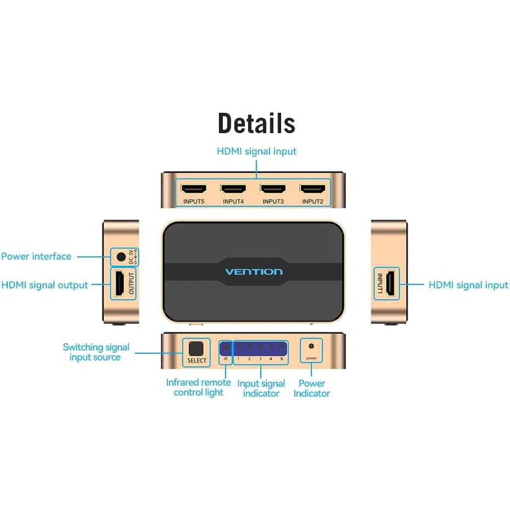 VENTION HDMI Switch 5 Entradas 1 Salidas 4K 1080P 3D, HDMI Conmutador 5 Entrada x 1 Salida Mando a Distancia para PS3 Xbox 360 Sky Box Reproductor DVD, HDTV, proyector, Video