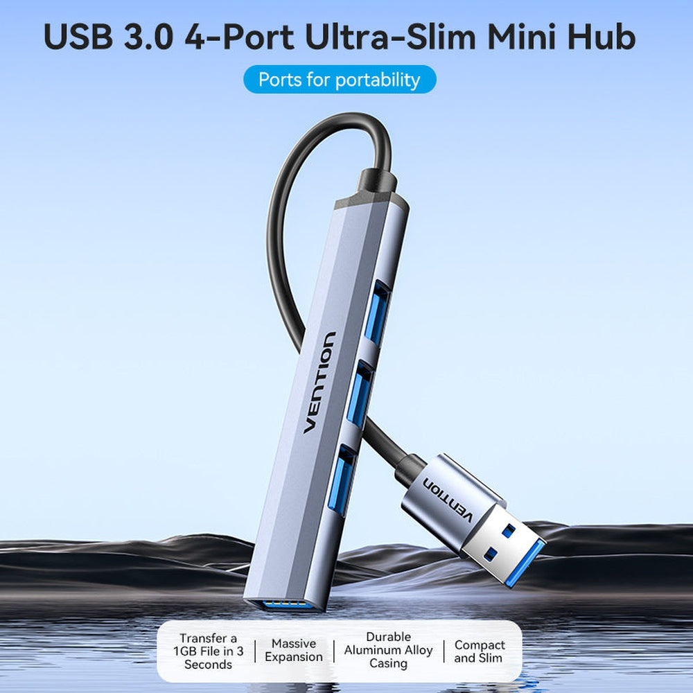 VENTION - Mini HUB USB 3.0 a USB 3.0+3xUSB 2.0 Aluminio metalizado 0.15 m